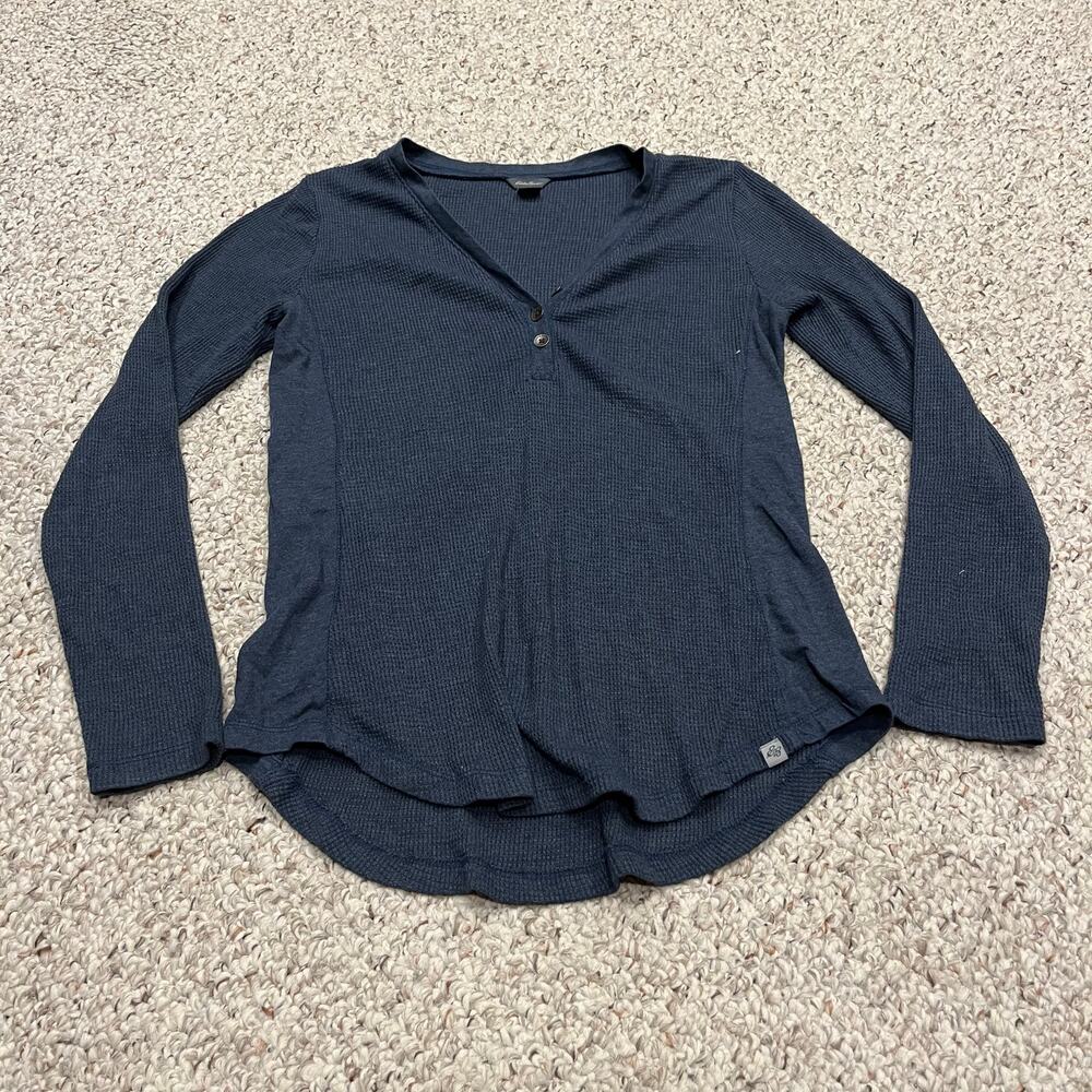 Eddie Bauer Waffle Knit Henley Long Sleeve Tee Sz S Blue Cabincore Cozy Outdoor - Picture 1 of 6